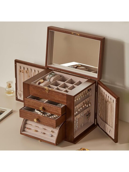 Other - Black Walnut 4 Layer C1 Wooden Jewelry Box for Women with 2 Side Door & Mirror